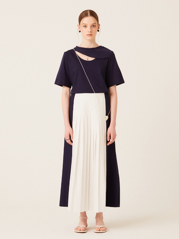 TWO WAY COTTON PLEATS LONG SKIRT (NAVY)